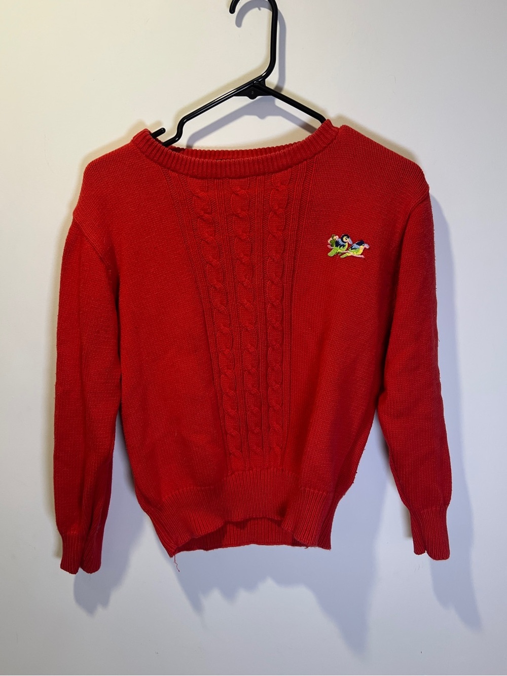 ✨Vintage✨ Red Cable-Knit Crewneck Women Sweater with Tropical Bird - size S